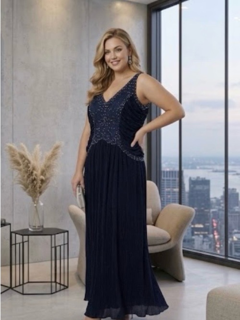 🔴 Elegant Navy Beaded V-Neck Evening Dress